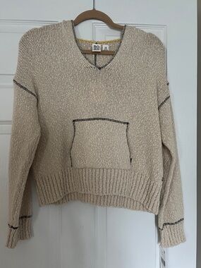 Roxy Cream V-Neck Knit Sweater with Front Pocket